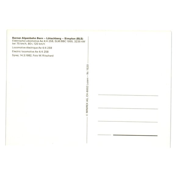 Electric Locomotive BLS Ae 4/4 258 Postcard 1955 SLM BBC Spiez Switzerland Train - Picture 2 of 2